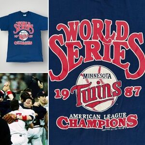 RARE VTG 80s Minnesota Twins 1987 World Champions Blue Single Stitch USA Shirt L